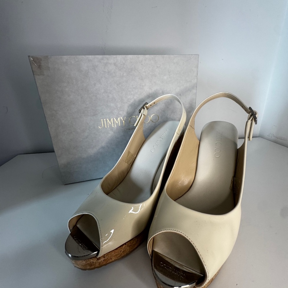 Jimmy Choo Beige Patent Wedge Sandals